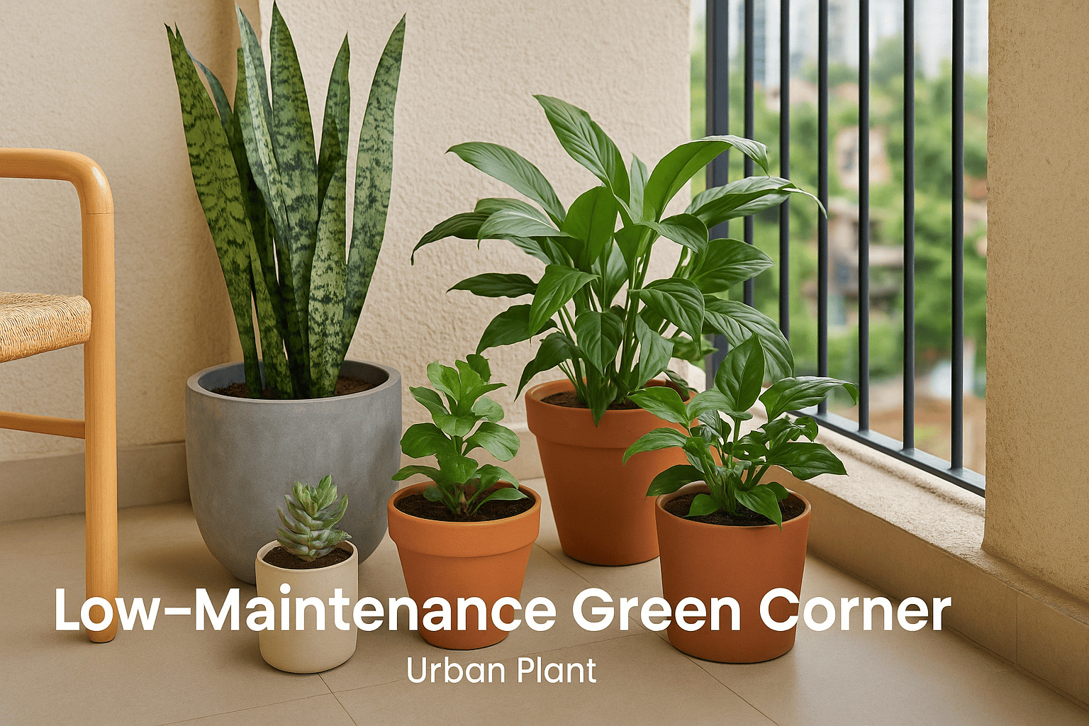 Low-maintenance balcony green corner with snake plant, ZZ plant, peace lily, and succulents — perfect for easy care home gardening by Urban Plant